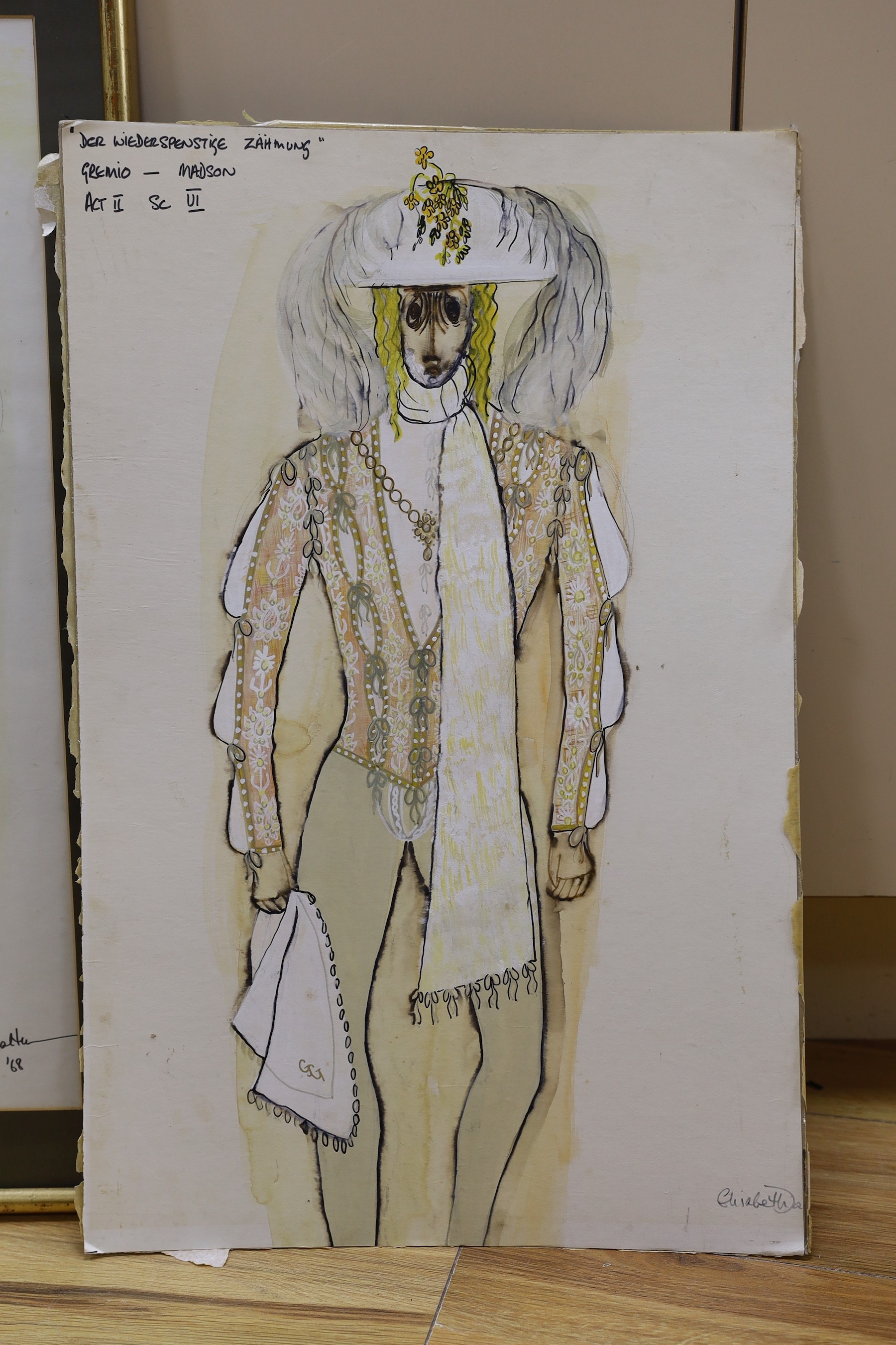 Elizabeth Dalton (1950-2013), two costume designs for The Taming of the Shrew, signed, one dated '68, largest 60 x 38cm, one unframed